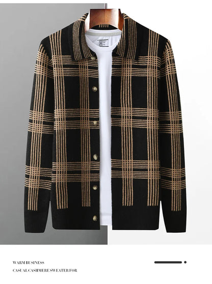 100% Merino Wool Men's Lapel Collar Knit Cardigan Coat 2025 Spring/ Autumn New POLO Neck Grid Suit Shirt Cashmere Jacket Sweater