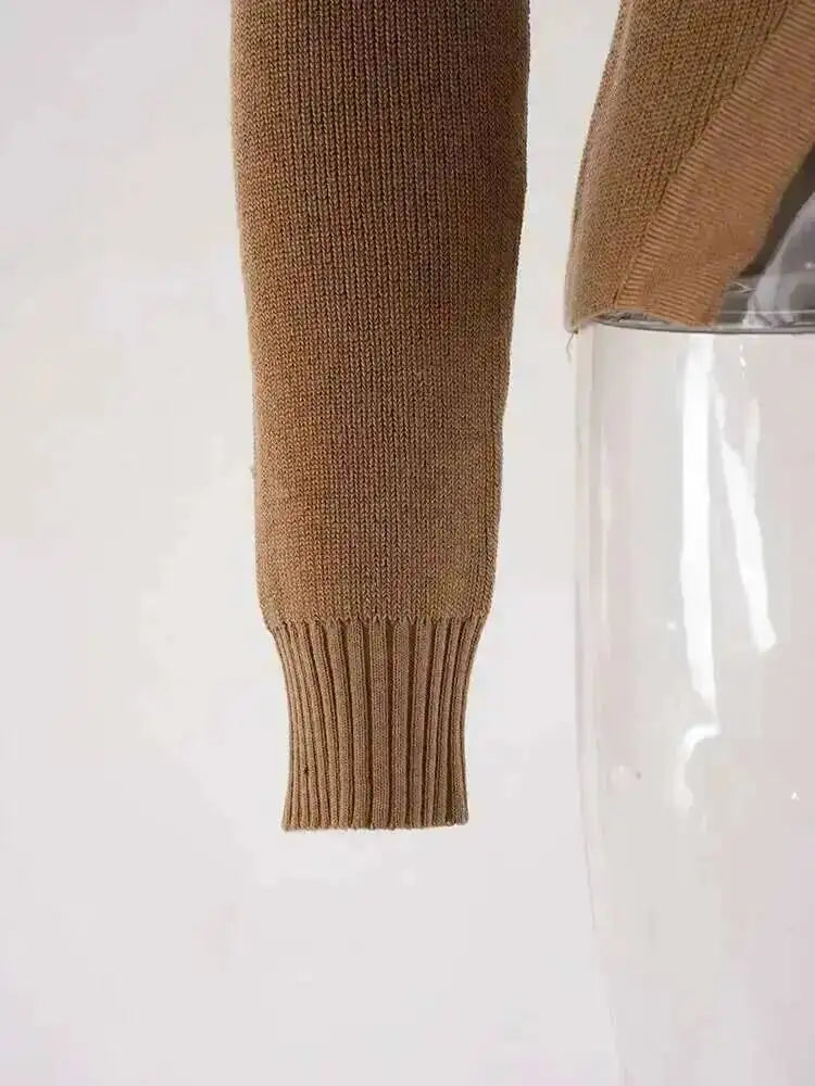 DEAT Fashion Brown Irregular Knitted Tops Women's Turtleneck Slim Fit Button Long Sleeves Short Sweater Autumn New