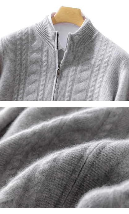 High Quality Men Mock Collar Twisted Cardigan Autumn Winter Thick Zipper 100% Merino Wool Sweater Casual Coat Cashmere Knitwear