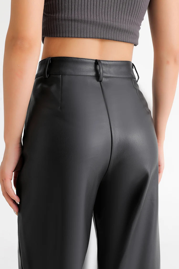 BIVIGAOS Fall Winter Fleece Loose Wide Leg Warm Leather Pants Women Button Pocket High Waist Thick PU Casual Straight Pants