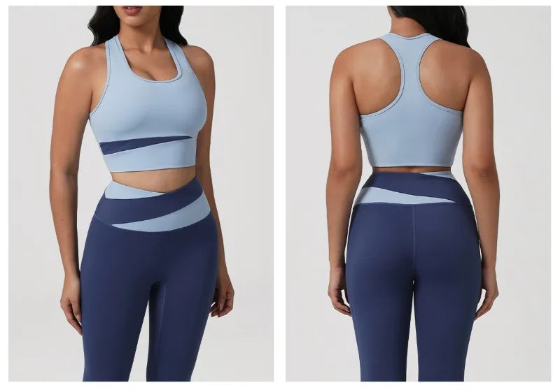 New Women's Color-Block Yoga Outfit Set Back Beauty Fitness Tank Top Long Sleeve Coat Hip-Lifting Leggings Running Fitness Set