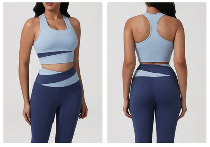 New Women's Color-Block Yoga Outfit Set Back Beauty Fitness Tank Top Long Sleeve Coat Hip-Lifting Leggings Running Fitness Set