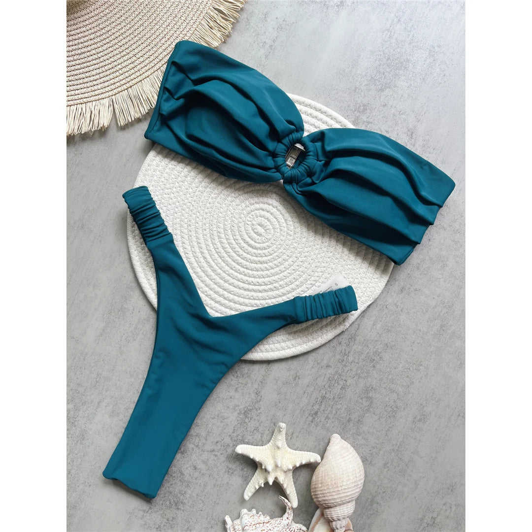 Wrinkled Bandeau High Cut Mini Thong Bikini Female Swimsuit Women Swimwear Two-pieces Bikini set Bather Bathing Suit Swim V6085