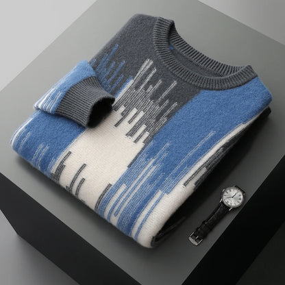 Men's 100% Merino Wool Color-Blocked O-Neck Sweater Long Sleeves Fashion Pullover Cashmere Loose Soft Warm Leisure Clothing Top