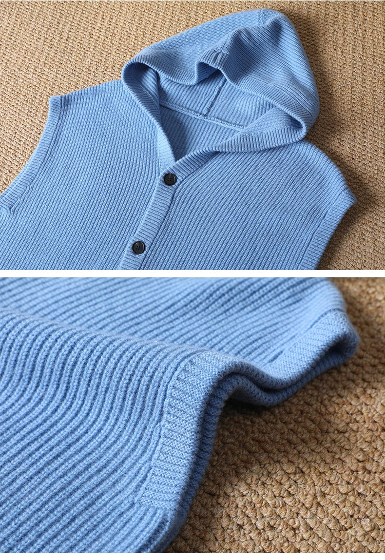 2025 Autumn/Winter Men's Vest 100% Merino Wool Knit Hooded Cardigan Casual Loose Sleeveless Solid Color Men's Cashmere Sweater