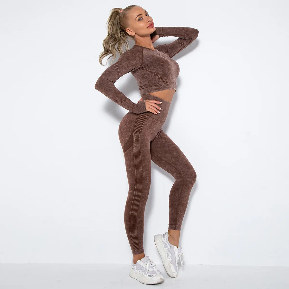 Women Seamless Tracksuit Yoga Set 2PCS Workout Clothes Athletic Wear Gym Legging Fitness Bra Crop Top Long Sleeve Sports Suits
