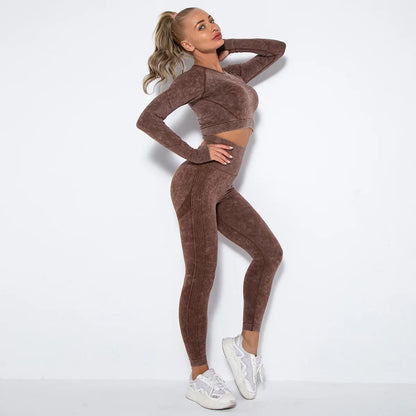 Women Seamless Tracksuit Yoga Set 2PCS Workout Clothes Athletic Wear Gym Legging Fitness Bra Crop Top Long Sleeve Sports Suits
