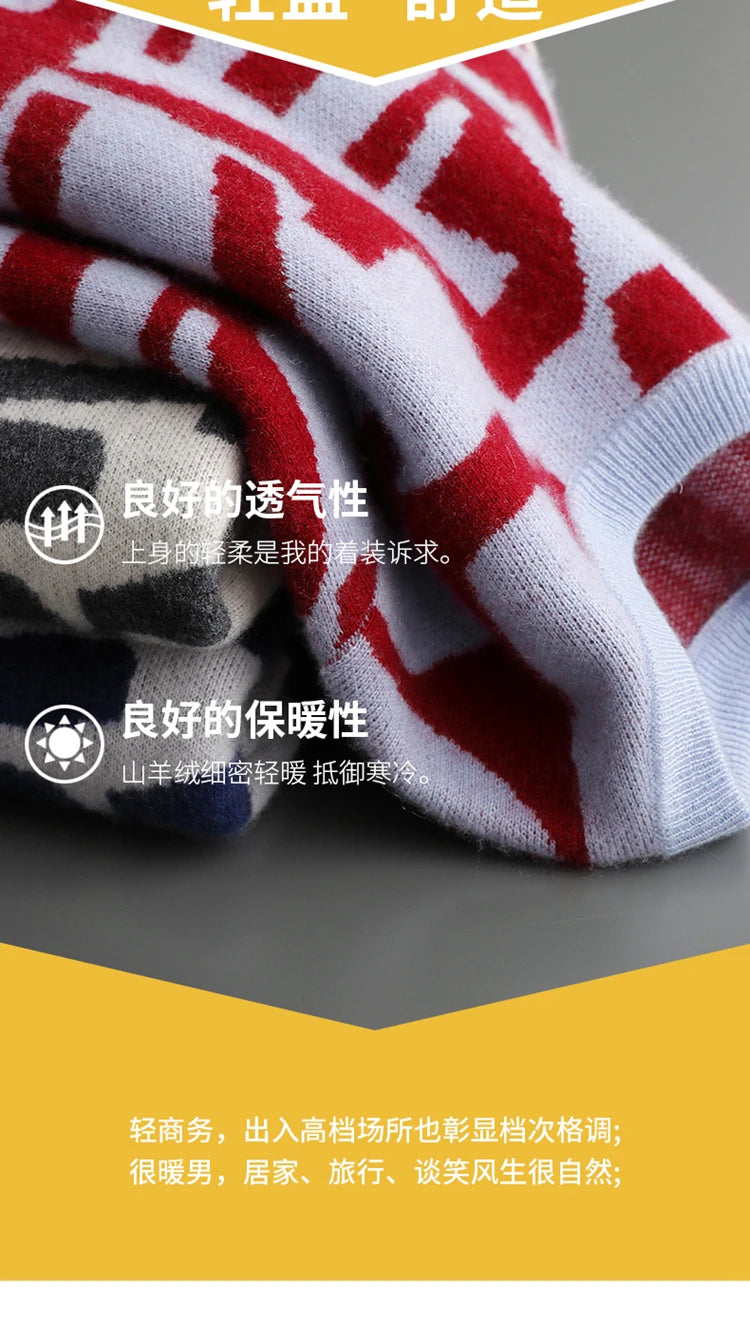 New Men's Sweater 100% Cashmere Autumn Winter Fashion Knitted Jacquard Pullover Color blocked O-Neck Thickened Men's Wear Top