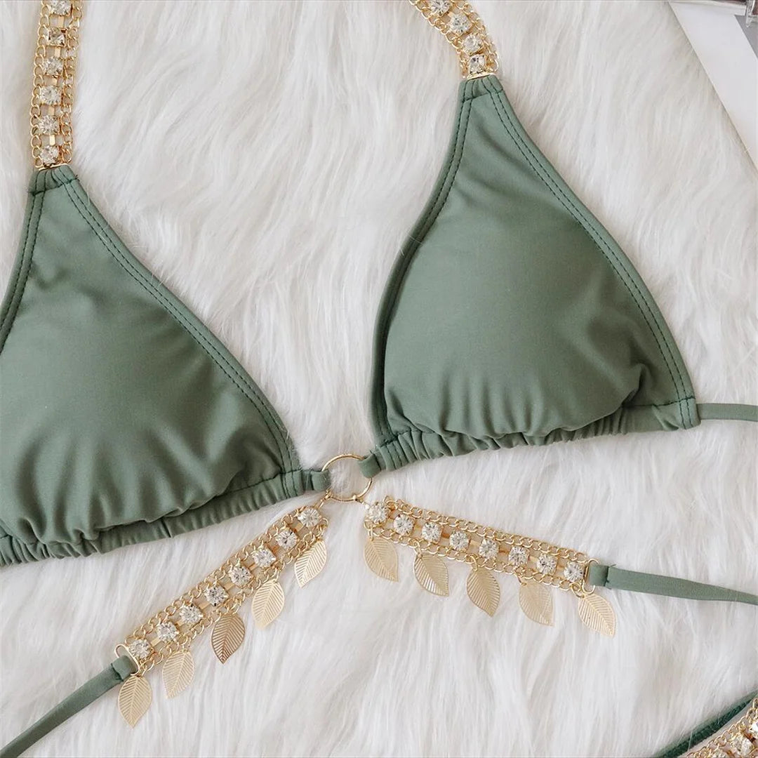 Jewelled Rhinestone Scrunch Butt Bikini Female Swimsuit Women Swimwear Two-pieces Bikini set Bather Bathing Suit Swim Lady V3396