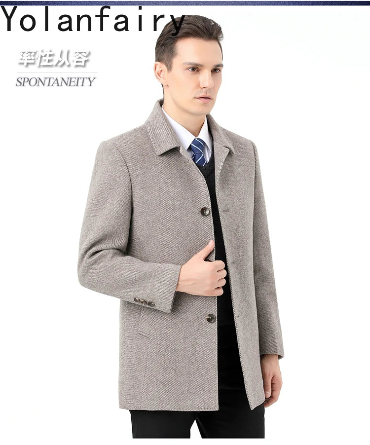 YOLANFAIRY 100% Cashmere Jacket for Men 2025 Autumn Winter Mid-length Wool Coats Man Clothing Casual Business Men's Woolen Coat