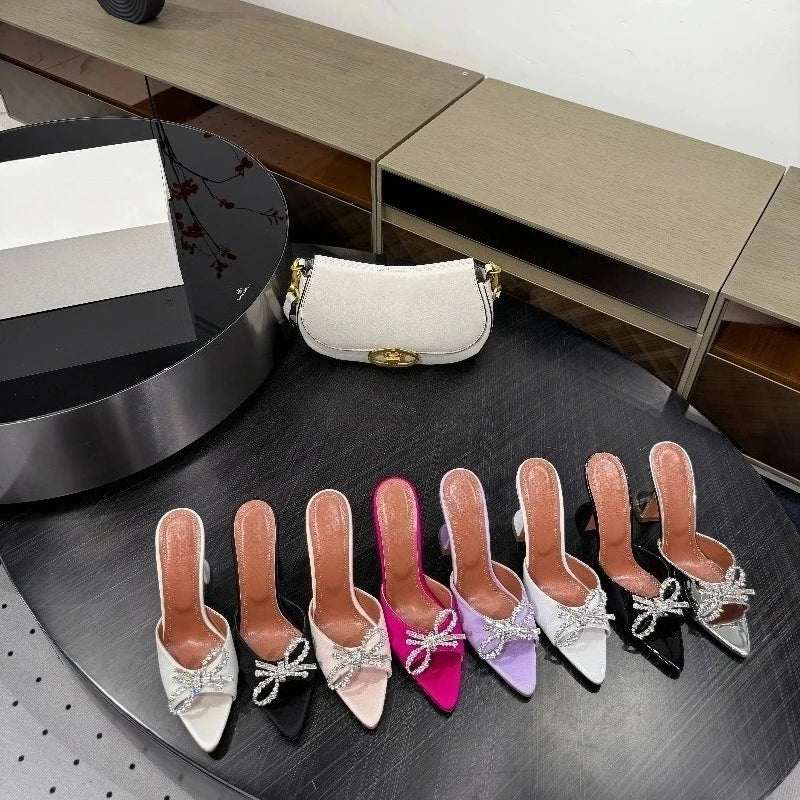 New Bow Rhinestone High-heeled Sandals Sexy Open-toed Fish Mouth Pointed Rear Empty Cool Slippers Women