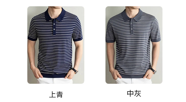 Men's Lyocell shirt summer new casual striped short sleeved T-shirt Polo collar breathable comfortable knitted pullover