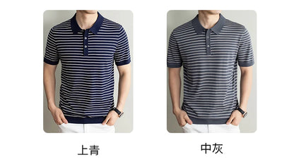 Men's Lyocell shirt summer new casual striped short sleeved T-shirt Polo collar breathable comfortable knitted pullover
