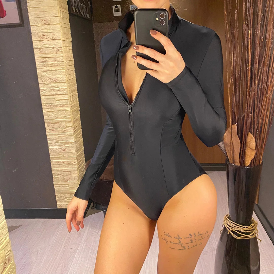 S - 2XL 4 Colors Long Sleeve With Zipper Surf Rash Guard One Piece Swimsuit Women Swimwear Female Bather Bathing Suit Swim V6266