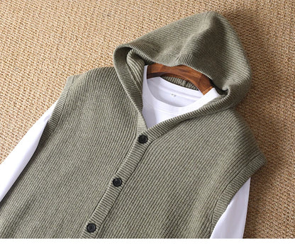2025 Autumn/Winter Men's Vest 100% Merino Wool Knit Hooded Cardigan Casual Loose Sleeveless Solid Color Men's Cashmere Sweater