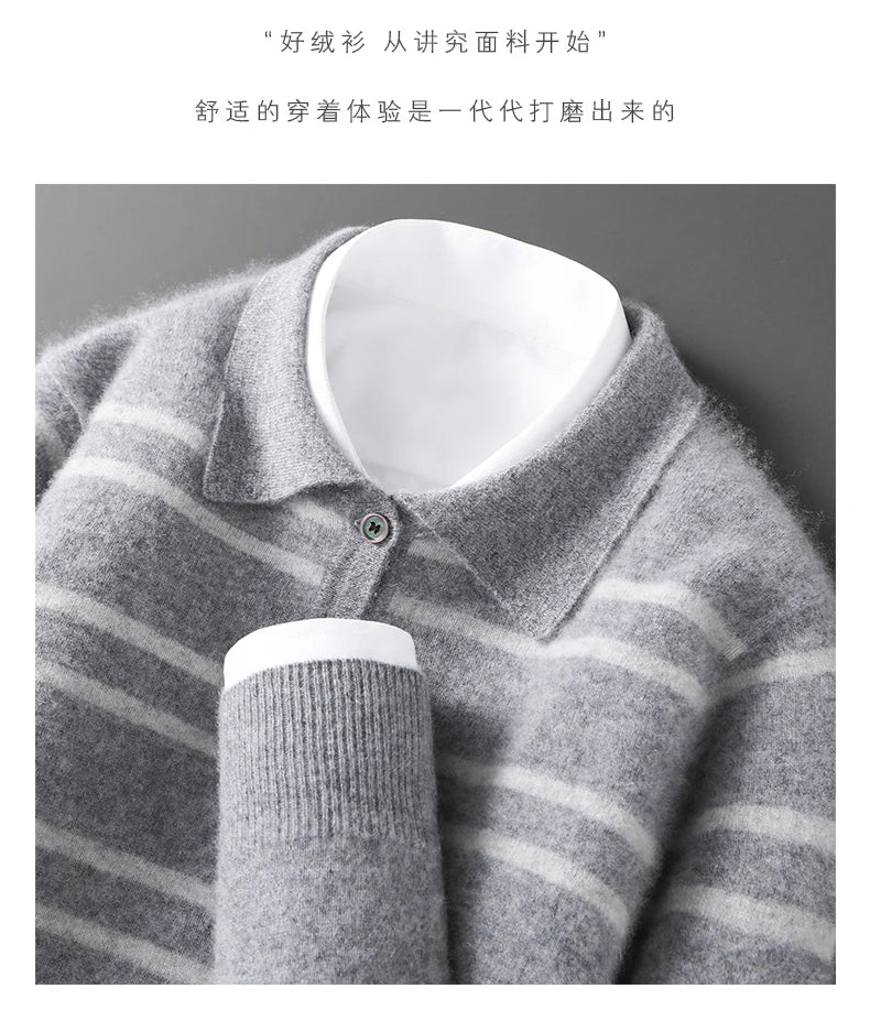 Men Leisure 100% Merino Wool Sweater Polo Collar Knit Pullover Autumn Winter Cashmere Clothing Casual Business Color Stripe Top