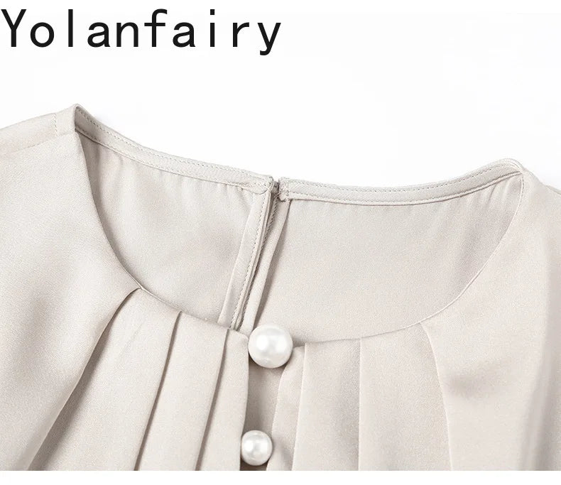 YOLANFAIRY 100% Natural Mulberry Silk T Shirts Woman Clothing 2026 Summer Loose Fashion T Shirt Elegant Womens Tops Short Sleeve