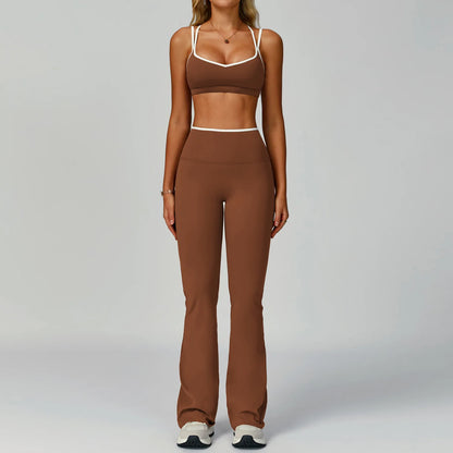 2PCS Workout Clothes Wide Leg Pant Yoga Suits Solid Color Bra Sports Set Gym Tracksuits Female Quick Dry Fitness Suit Sports Set