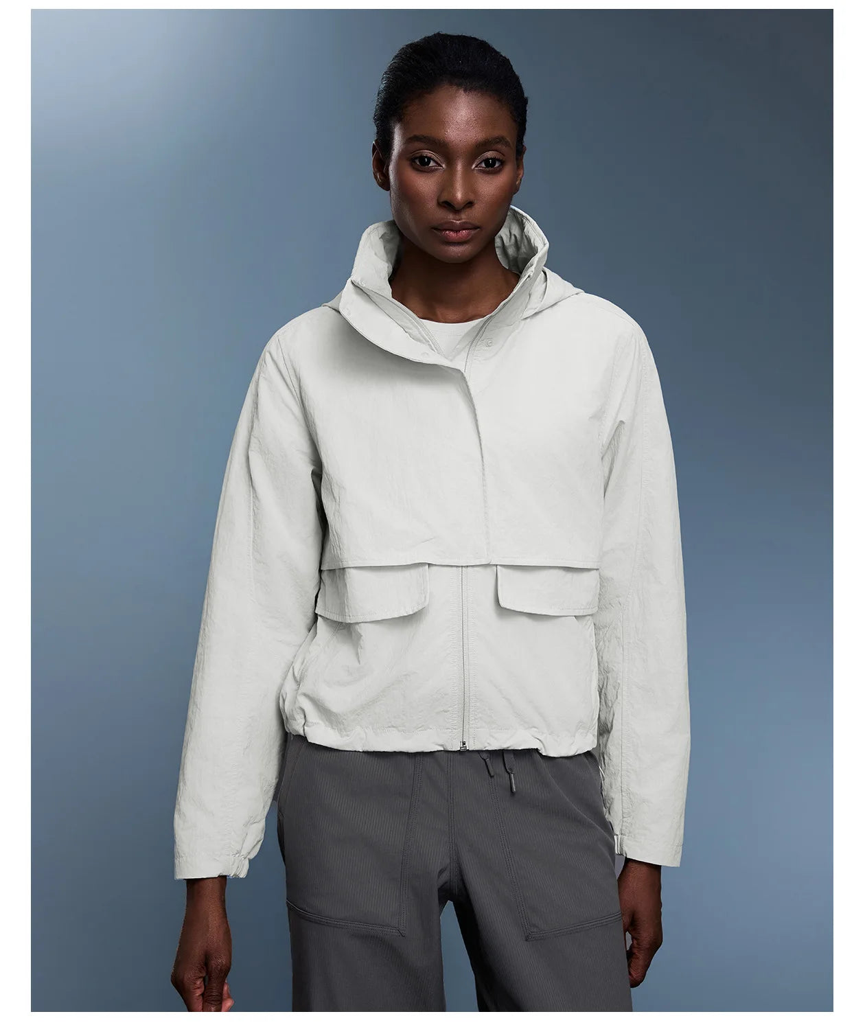 Custom LOGO women's autumn light and breathable waterproof trench coat stand-up collar hooded casual short pocket sports jacket