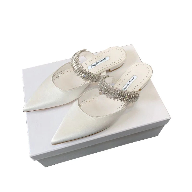 Women's 2022 Pump Summer New Rhinestone Chain Slippers High Heels Stiletto Pointed Shallow Mouth Silk Sandals Outer Wear