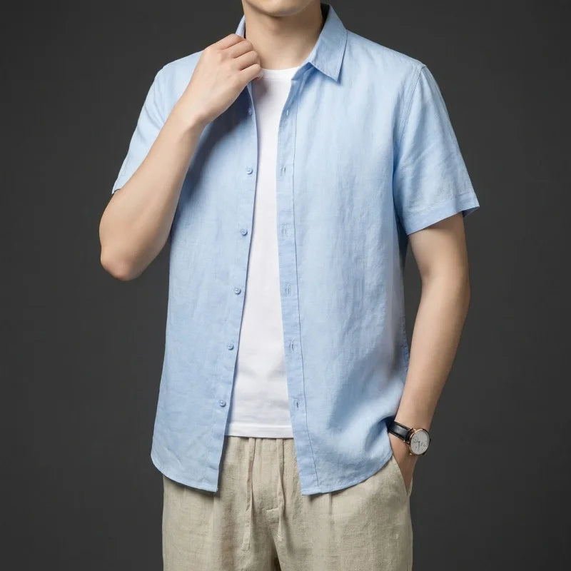 Summer Linen Cotton Men's POLO Collar Shirt Casual Business Short Sleeved Cardigan Fashion Loose Breathable Comfortable T-shirt