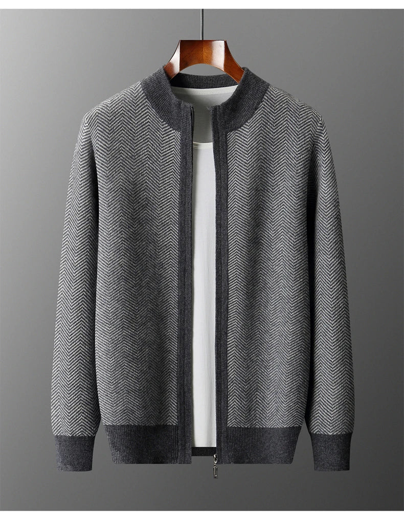 Autumn Winter 100% Merino Wool Knitted Zipper Cardigan Men's Half High Collar Herringbone Pattern Thick Coat Casual Warm Jacket