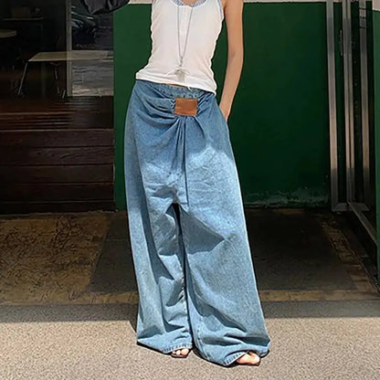 DEAT Fashion Folds Design Sense Jeans Women's High Waist Loose Wide Leg Blue Denim Pants Summer New Tide 7AB9503