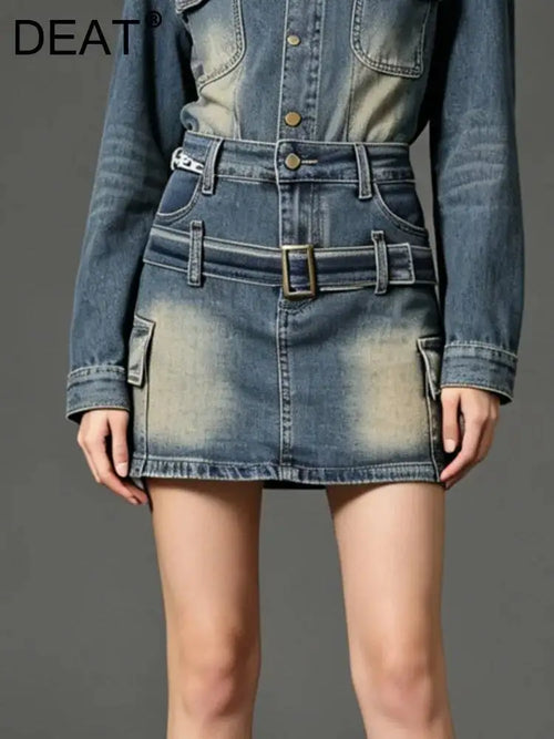 DEAT Fashion Slim-fit Anti-exposure A-line Skirt Women's High-waisted Bodycon Denim Mini Skirts Summer New