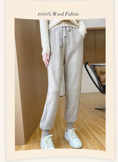 DjzDsm Women's Wool Pencil Pants Autumn Winter 100% Merino Wool Knitted Trousers Thick Soft Warm Pocket Casual Style Comfy Pants