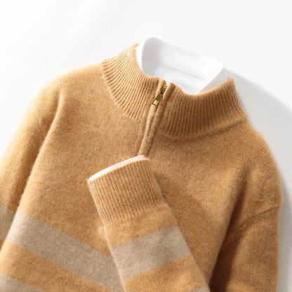Men's 100% Merino Wool Sweater Half-high Collar Half Zip Thick Pullover Autumn Winter Cashmere Stripe Knitwear Long Sleeved Tops