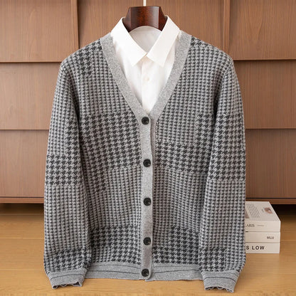 Men's V-Neck Cardigan Business Casual Jacquard Thickened Jacket 100% Merino Wool Knit Coat Autumn Winter Warmth Men's Clothing