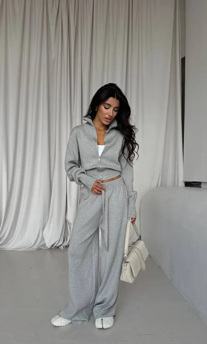Women Cotton Knitted Cardigan Wide Leg Pants Suit Autumn and Winter Lady  Fashion Loose Daily Office Jacket Straight Pants 2Pcs