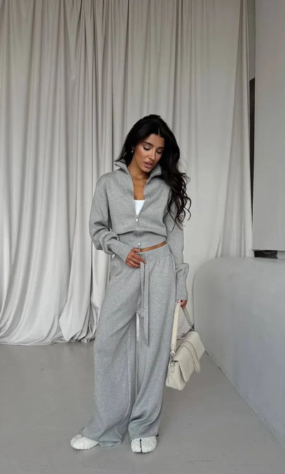 Women Cotton Knitted Cardigan Wide Leg Pants Suit Autumn and Winter Lady  Fashion Loose Daily Office Jacket Straight Pants 2Pcs