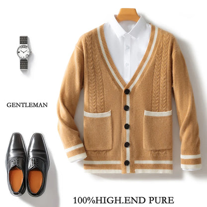 100% Merino Wool Color-Blocked Double Pocket Knit Cardigan Cashmere Soft Long Sleeves Basic Comfortable Men's  Clothing Top