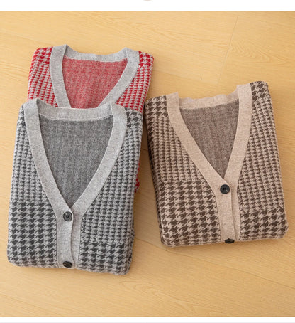 Men's V-Neck Cardigan Business Casual Jacquard Thickened Jacket 100% Merino Wool Knit Coat Autumn Winter Warmth Men's Clothing