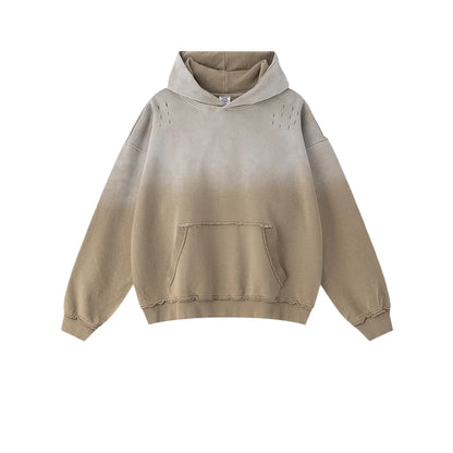 Custom LOGO men's 2025 autumn 370G heavy 100% cotton gradual change hole hooded sweater straight trousers set