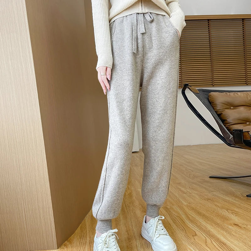 DjzDsm Women's Wool Pencil Pants Autumn Winter 100% Merino Wool Knitted Trousers Thick Soft Warm Pocket Casual Style Comfy Pants