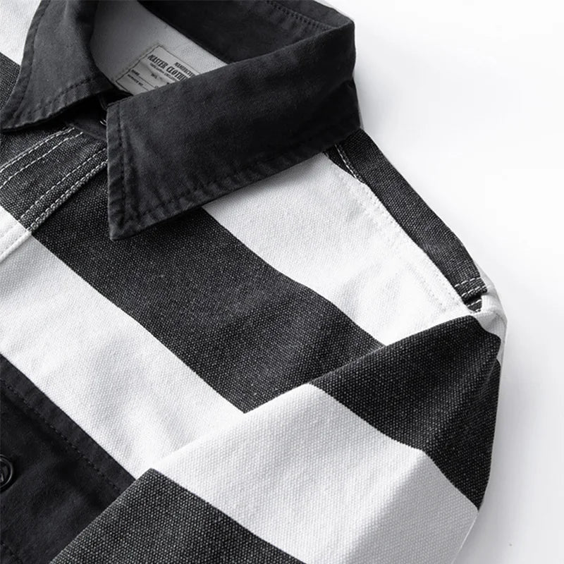 Amekaji Heavyweight Zebra Striped Jacket - Thick Canvas Motorcycle Biker Jacket Retro Workwear Coat