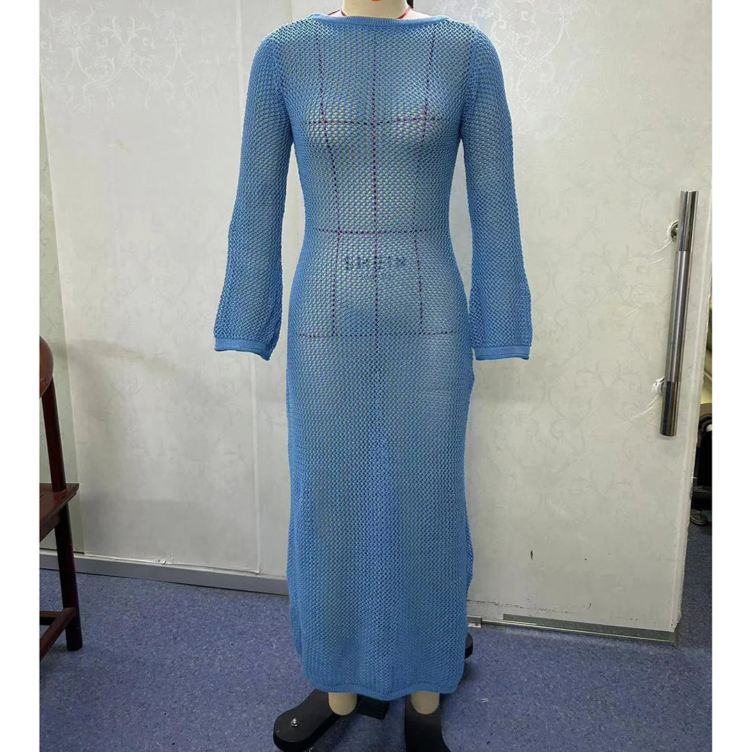 Sexy Long Sleeve Hollow Out Crochet Knitted Tunic Beach Cover Up Cover-ups Beach Dress Beach Wear Beachwear Female Women V5319