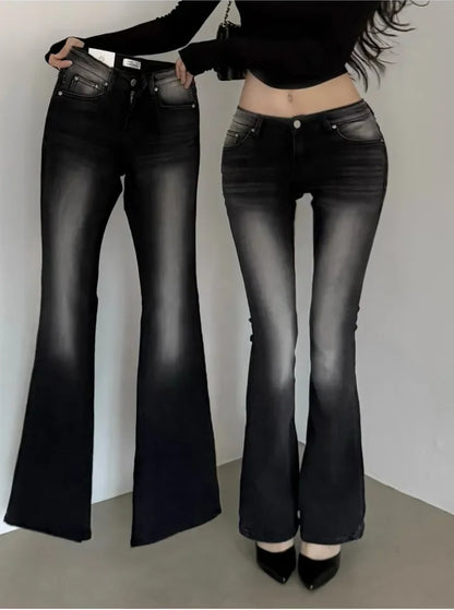 Low Waist Stretchy Slimming Long Legging Effect Bell Bottoms Korean Style Sexy Girl Jeans High Waist Slim Fit Faded Denim