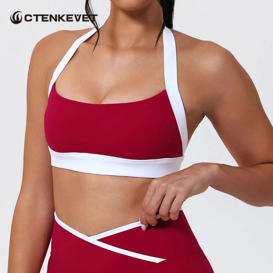 Ctenkevet Women's Color Clash Crop Top Quick-Dry Gym Bra Female Sleeveless Backless Sports Underwear for Outdoor Running CropTop