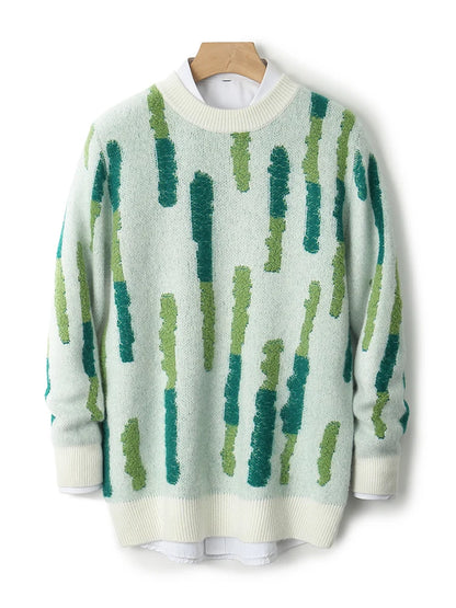 New 100% Pure Wool Men's O-neck Pullover 2025 Autumn/Winter Color Matching Top Casual Thick Fashion Large Size Jumper Sweater