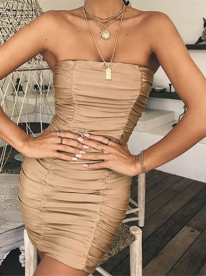 XS - XL Sexy Bandeau Wrinkled Pleated Dress Short Club Ladies 2026 Summer Bodycon Dress Evening Party Tight Mini Dress VD262