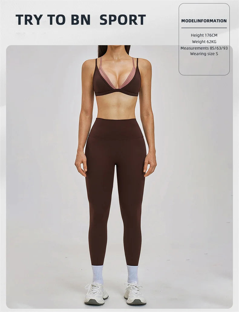 TRY TO BN Women's Color Block Yoga Sets Fake Two-Piece Sports Bra High Waisted Leggings Breathable Fitness Workout Gym Tracksuit