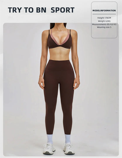 TRY TO BN Women's Color Block Yoga Sets Fake Two-Piece Sports Bra High Waisted Leggings Breathable Fitness Workout Gym Tracksuit