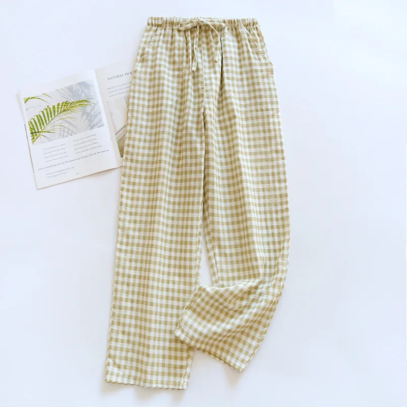 Men's Cotton Gauze Trousers Plaid Knitted Sleep Pants Woman Pajamas Pants Bottoms Sleepwear Short for Couples Pijama Hombre