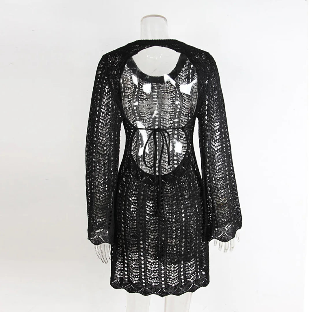 4 Colors Long Sleeve Backless Crochet Knitted Tunic Beach Cover Up Cover-ups Beach Dress Beach Wear Beachwear Female Women V5692