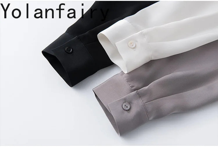 YOLANFAIRY 93% Natural Mulberry Silk Shirts Woman 2026 Stand Collar Long Sleeve Blouse Women Elegant White Shirt OL Ladies Tops