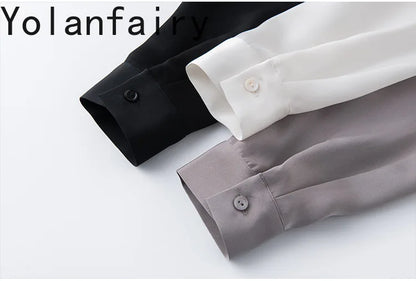 YOLANFAIRY 93% Natural Mulberry Silk Shirts Woman 2026 Stand Collar Long Sleeve Blouse Women Elegant White Shirt OL Ladies Tops