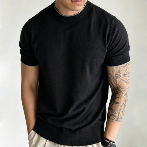 Light Luxury Cashmere Blend Anti Pilling Knitted Short Sleeved Round Neck T-shirt for Men, Retro Casual Business Summer Shirt